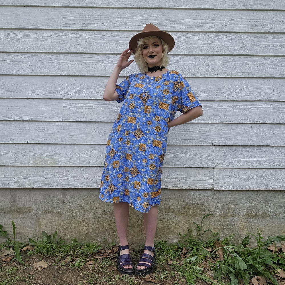 Vintage Indian Baby Blue & Orange Spring Summer Casual Hippie Boho Sun Dress - Picture 10 of 12